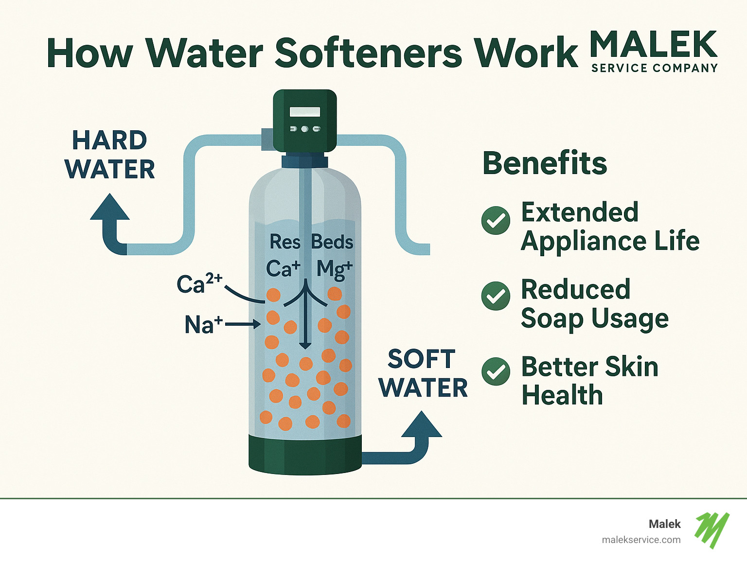 Diagram showing how water softeners work, with hard water entering the system, passing through resin beads that exchange calcium and magnesium for sodium ions, resulting in soft water exiting the system, alongside benefits including extended appliance life, reduced soap usage, and better skin health - houston water softeners infographic 