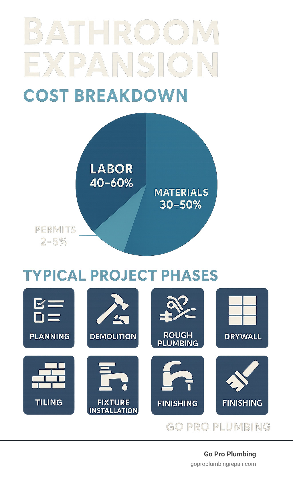 Bathroom Expansion Cost Breakdown showing labor (40-60%), materials (30-50%), permits (2-5%), and contingency (10-20%) with typical project phases including planning, demolition, rough plumbing, electrical, drywall, tiling, fixture installation, and finishing - cost to expand bathroom infographic 