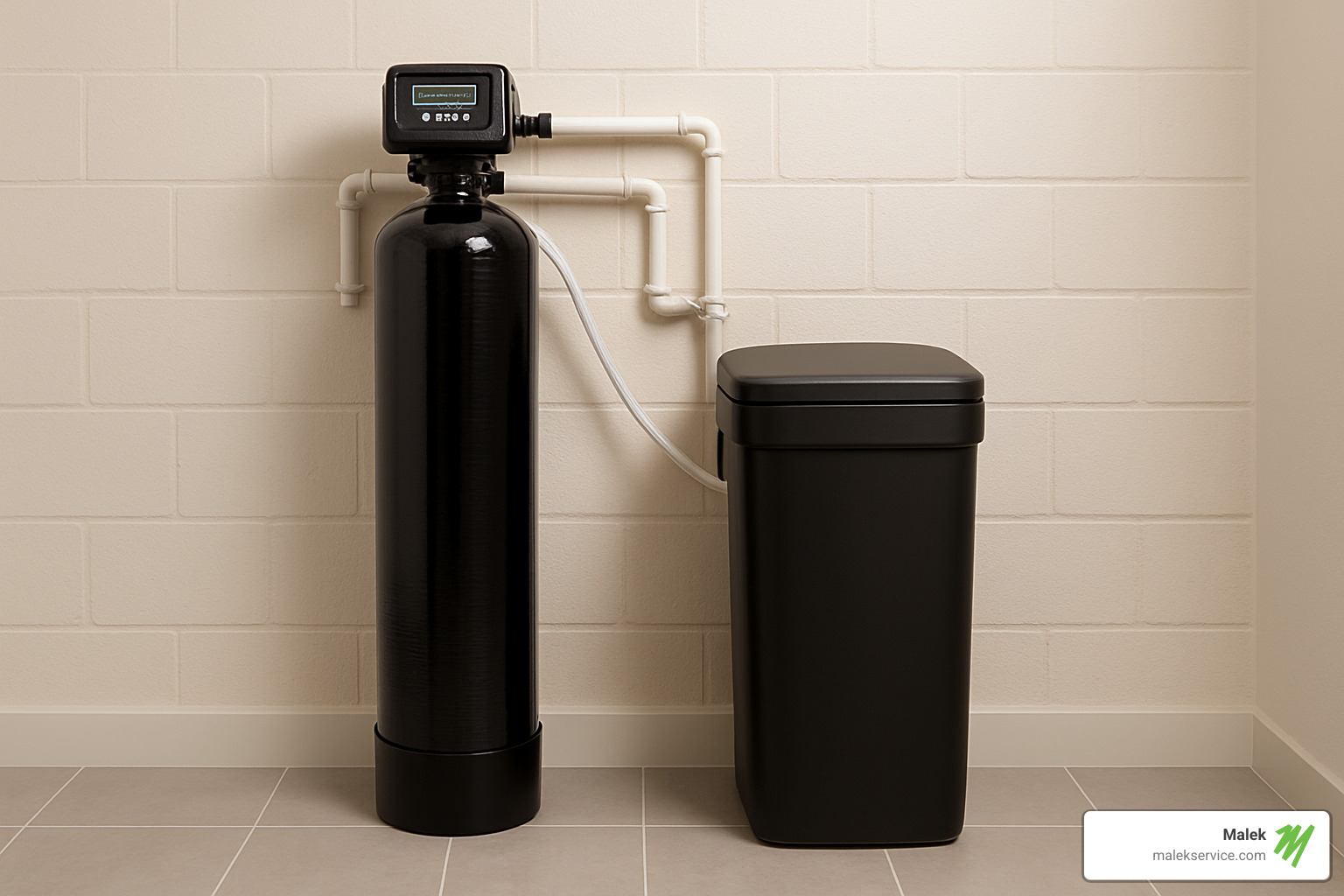 Salt-based water softener system with resin tank and brine tank installed in a Houston home - houston water softeners