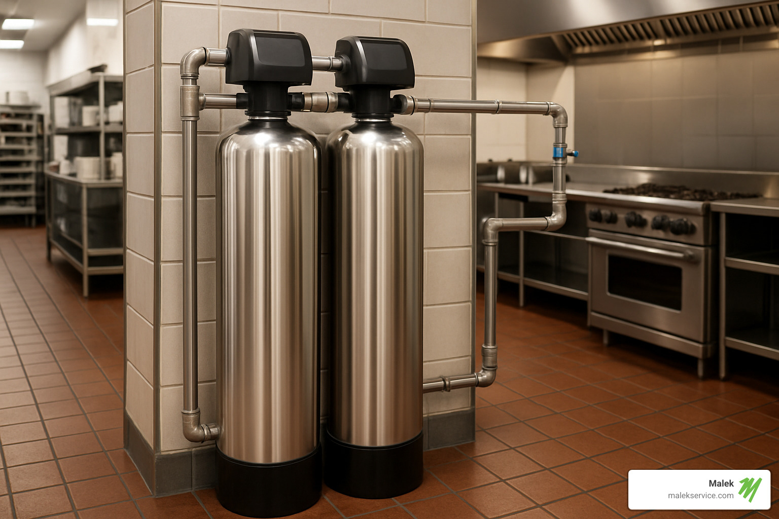 Commercial twin-tank water softening system installed in a Houston restaurant - houston water softeners