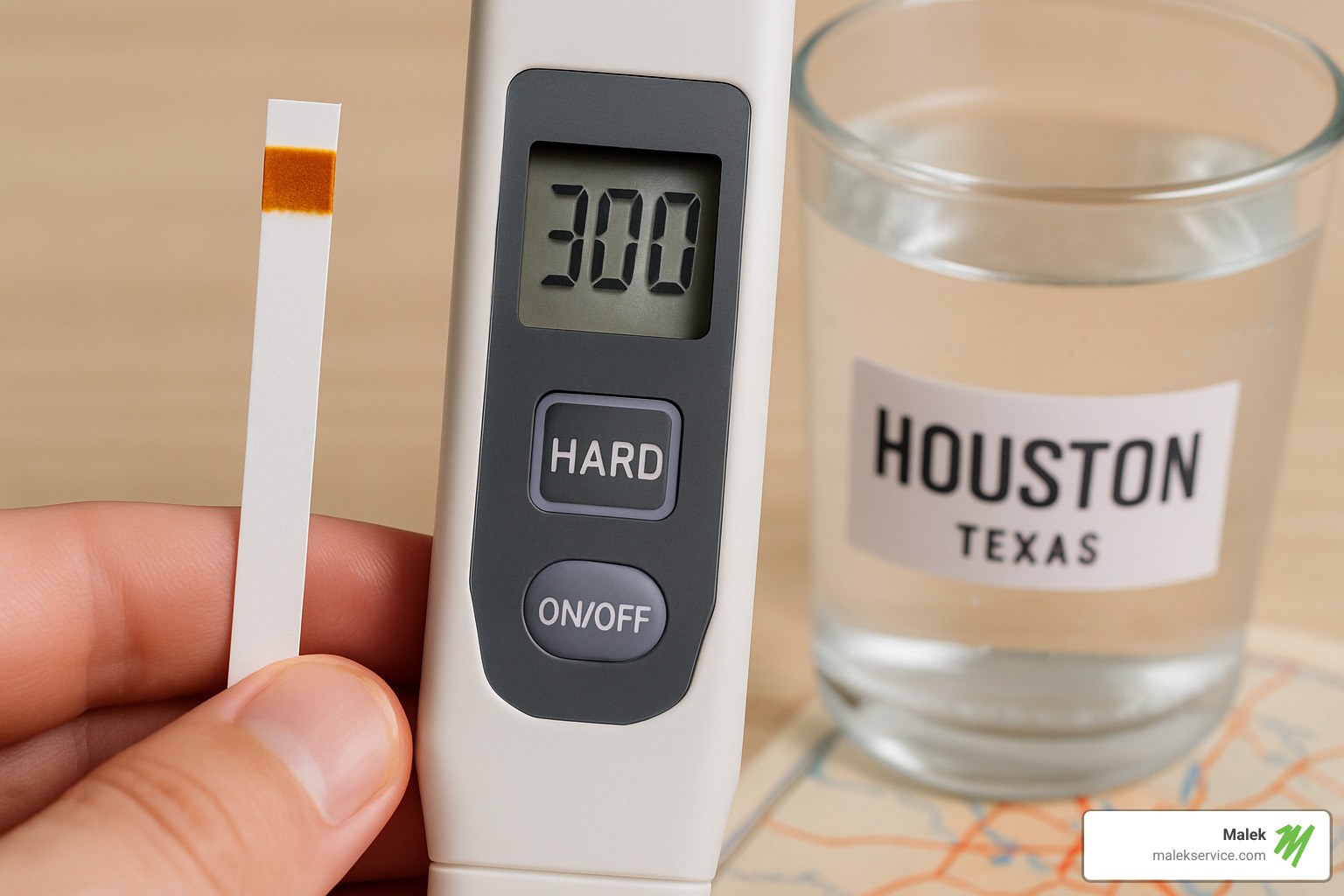 Water hardness testing kit showing high mineral content in Houston tap water - houston water softeners