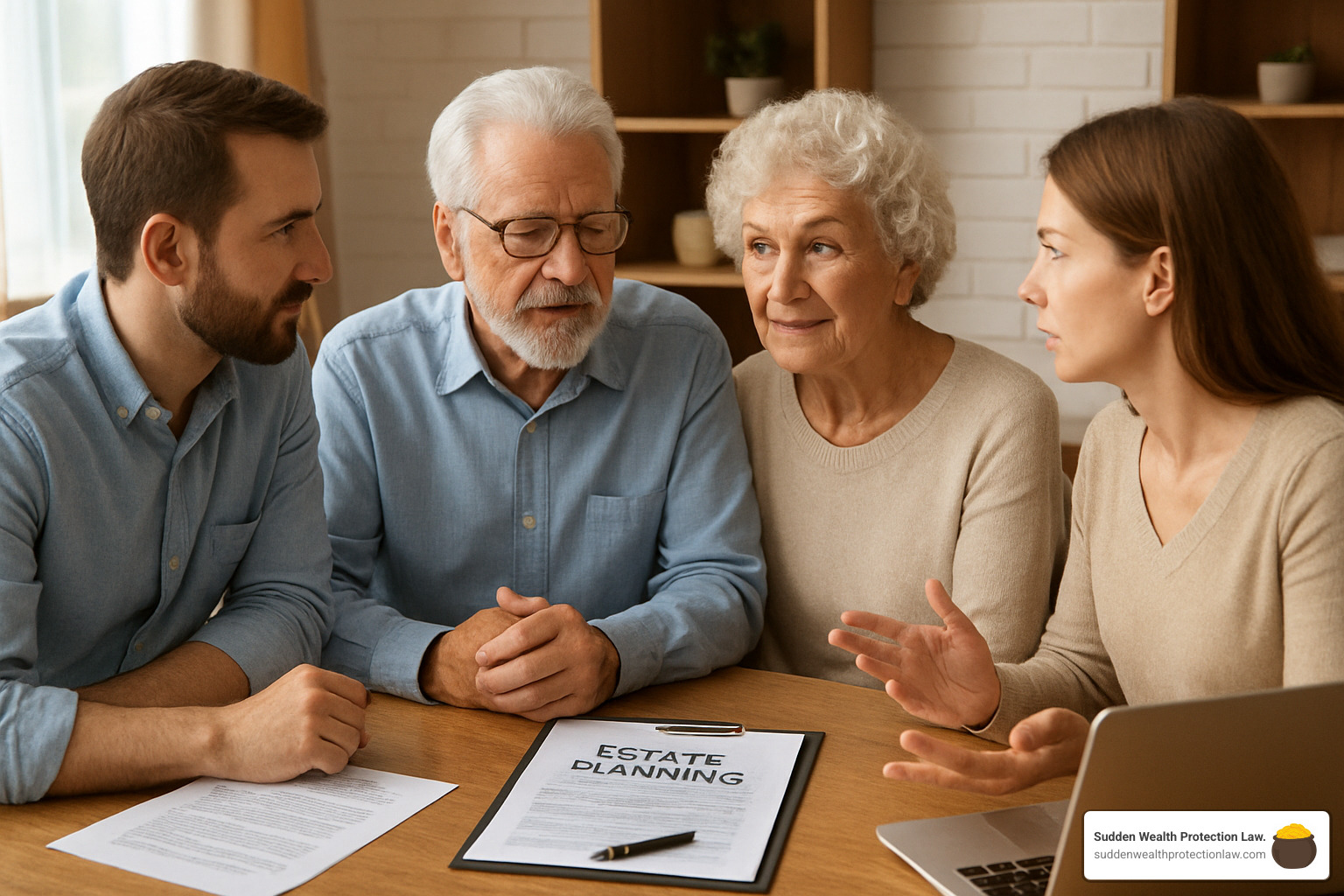elderly couple with adult children discussing estate planning - medicaid asset protection trust arizona