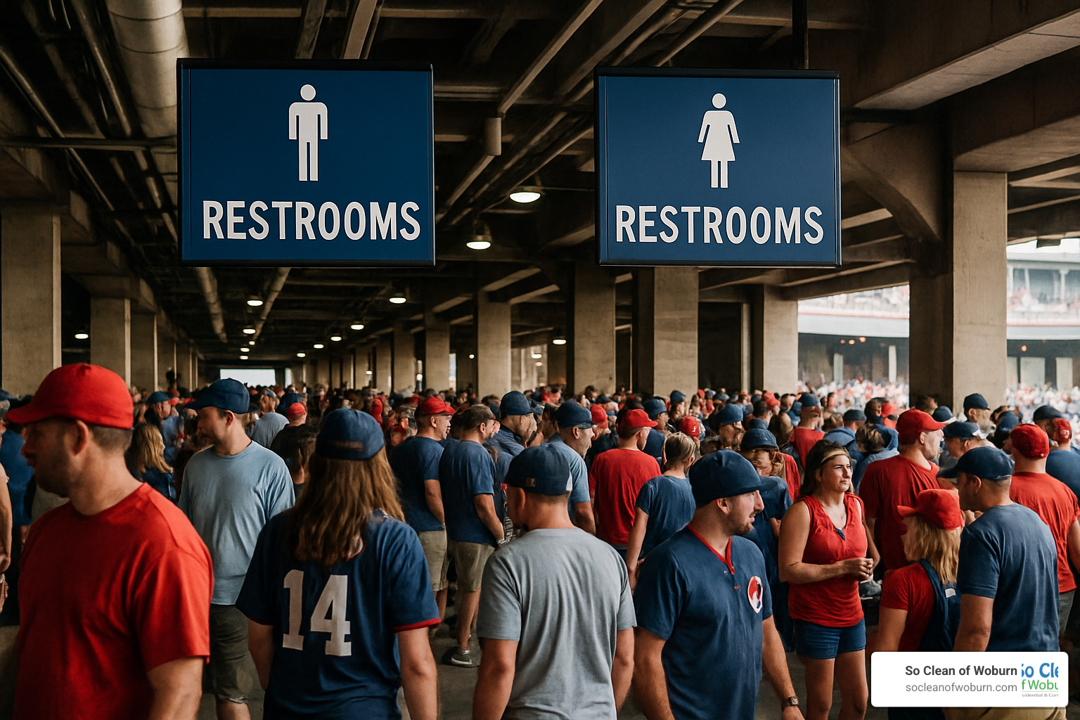crowded stadium concourse with restroom signs - Ballfield Restroom Cleaning