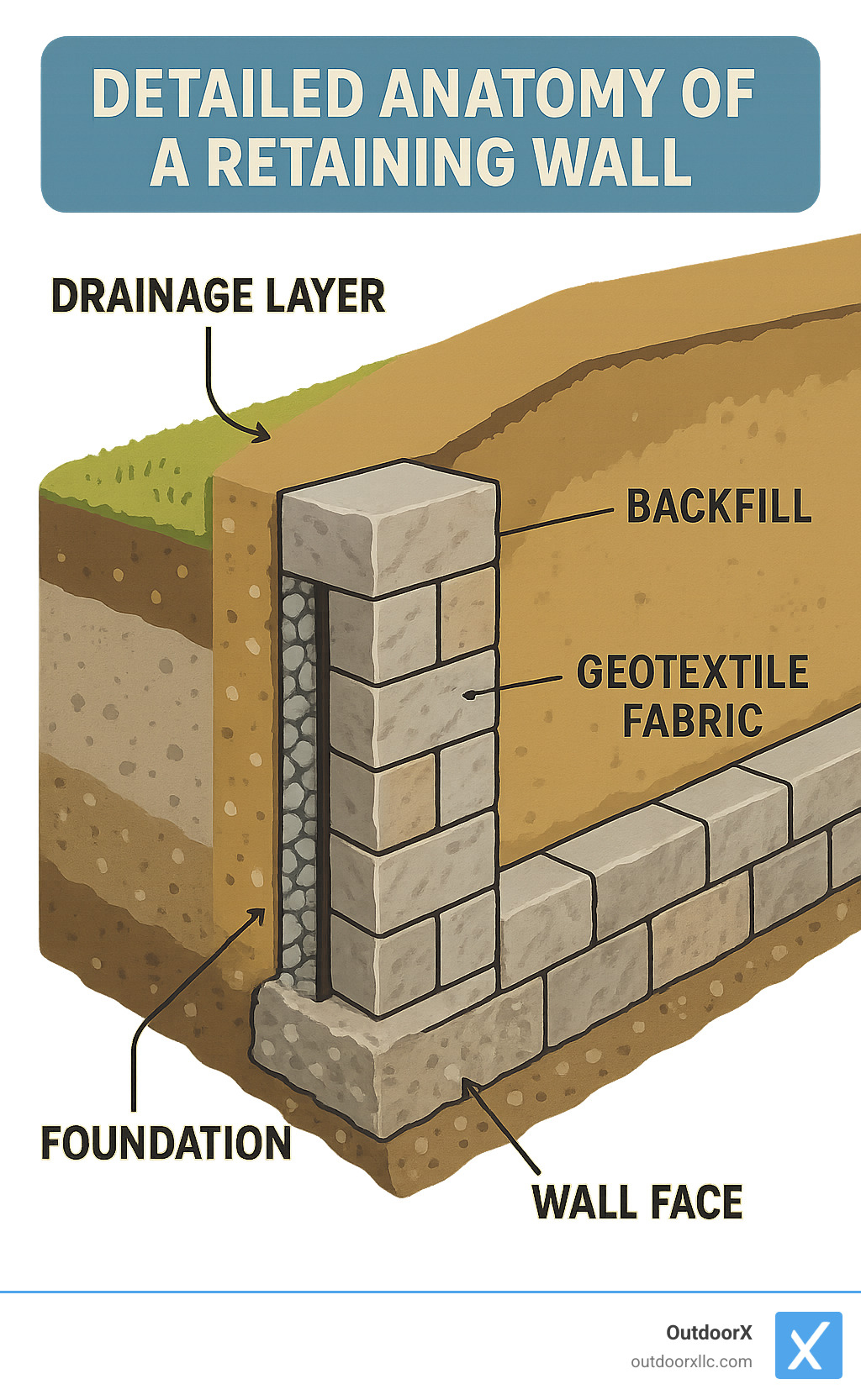 Detailed anatomy of a retaining wall showing drainage layer, backfill, geotextile fabric, foundation, and wall face with labels pointing to each component - Retaining walls Andover MA infographic 