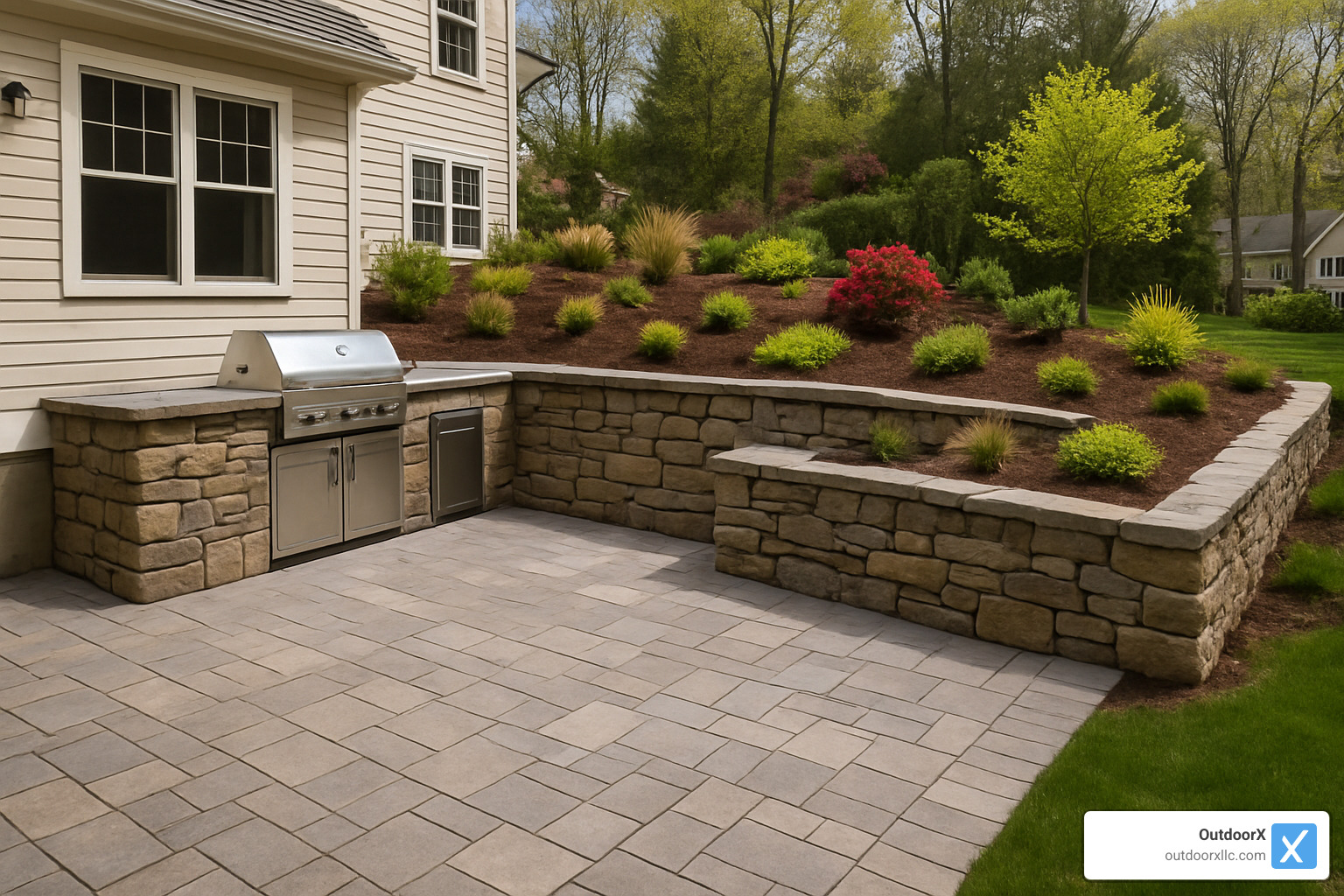 retaining wall integrated with patio and outdoor kitchen - Retaining walls Andover MA