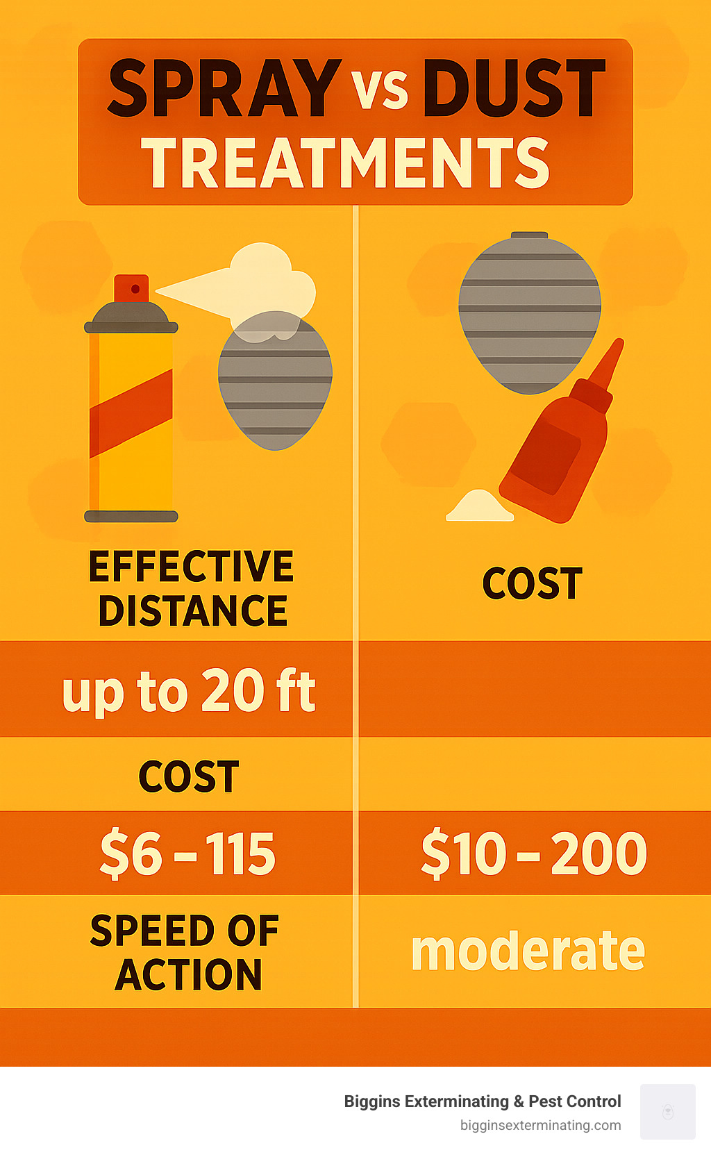 Comparison of spray vs dust treatments showing effective distance, cost range, and speed of action - hornets nest removal infographic 