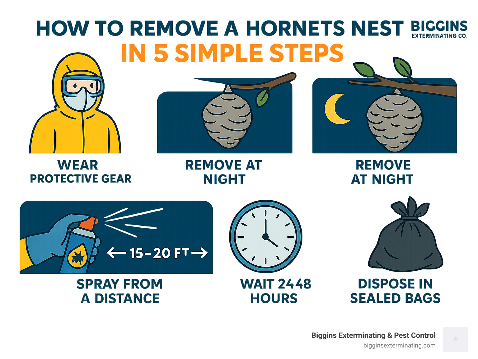 Step-by-step hornets nest removal guide showing proper protective equipment, optimal removal timing at night, safe spraying distance of 15-20 feet, waiting period of 24-48 hours, and final disposal in sealed bags - hornets nest removal infographic 