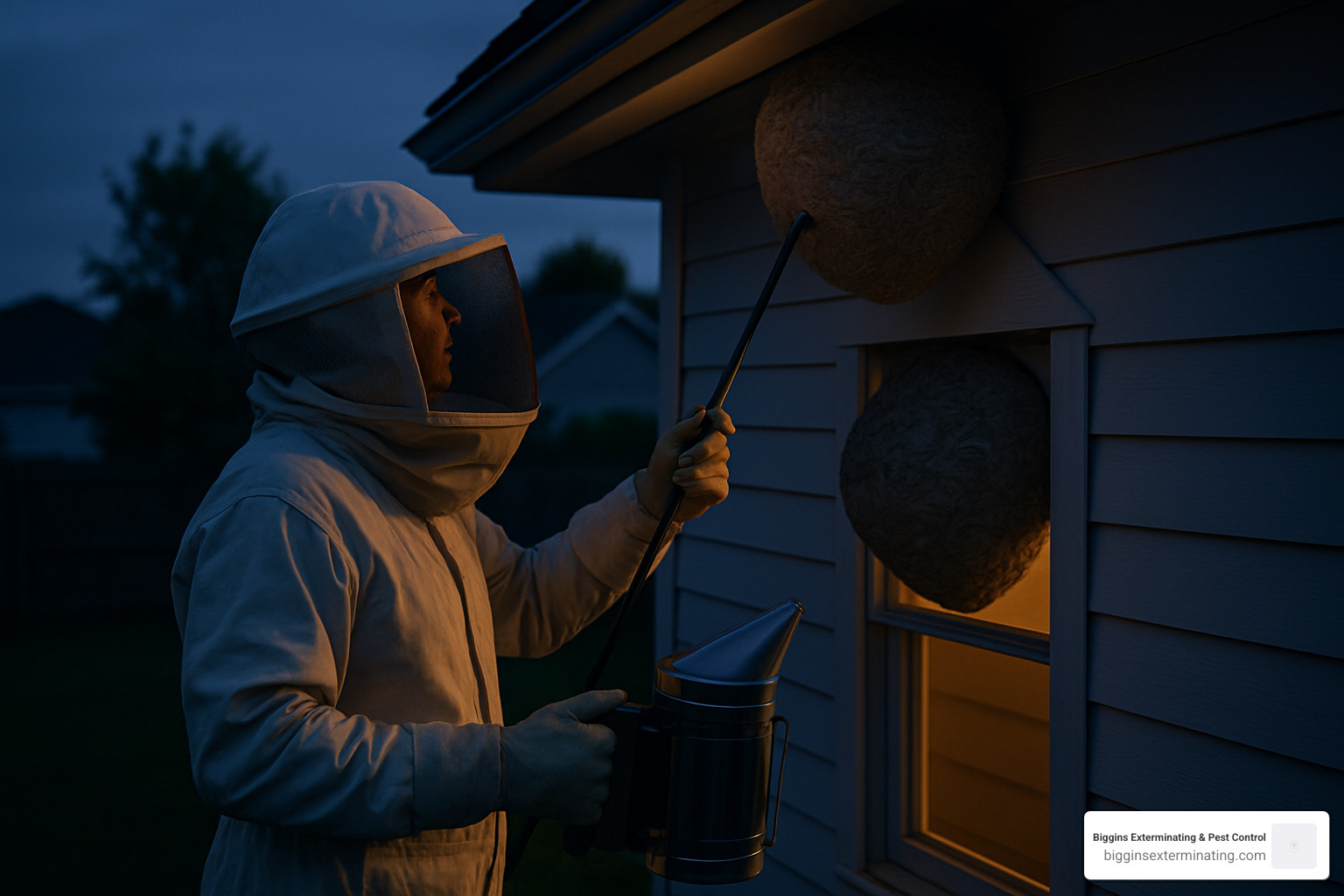 person in protective bee suit at dusk preparing for hornets nest removal - hornets nest removal