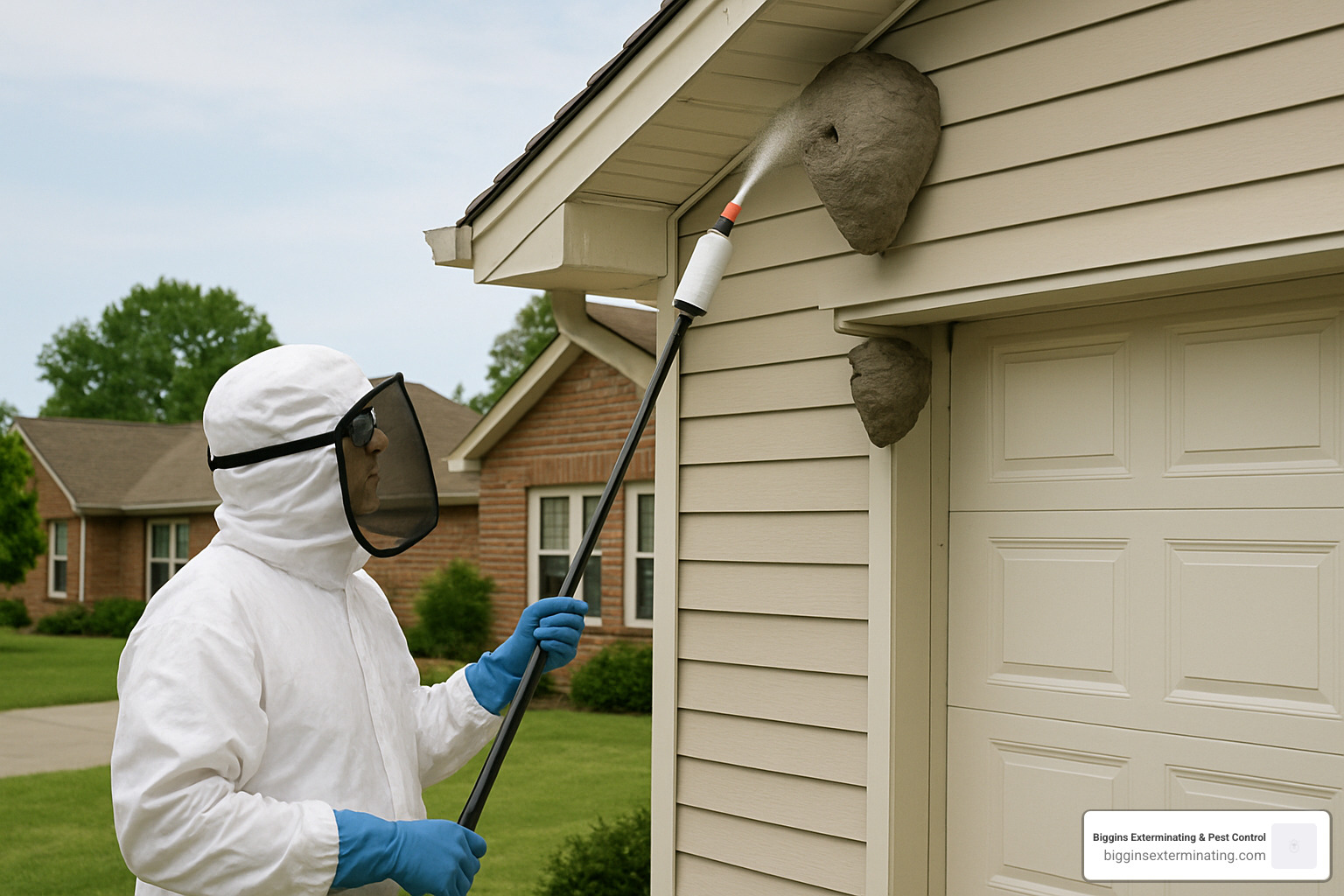 person spraying hornets nest from safe distance with extension pole - hornets nest removal
