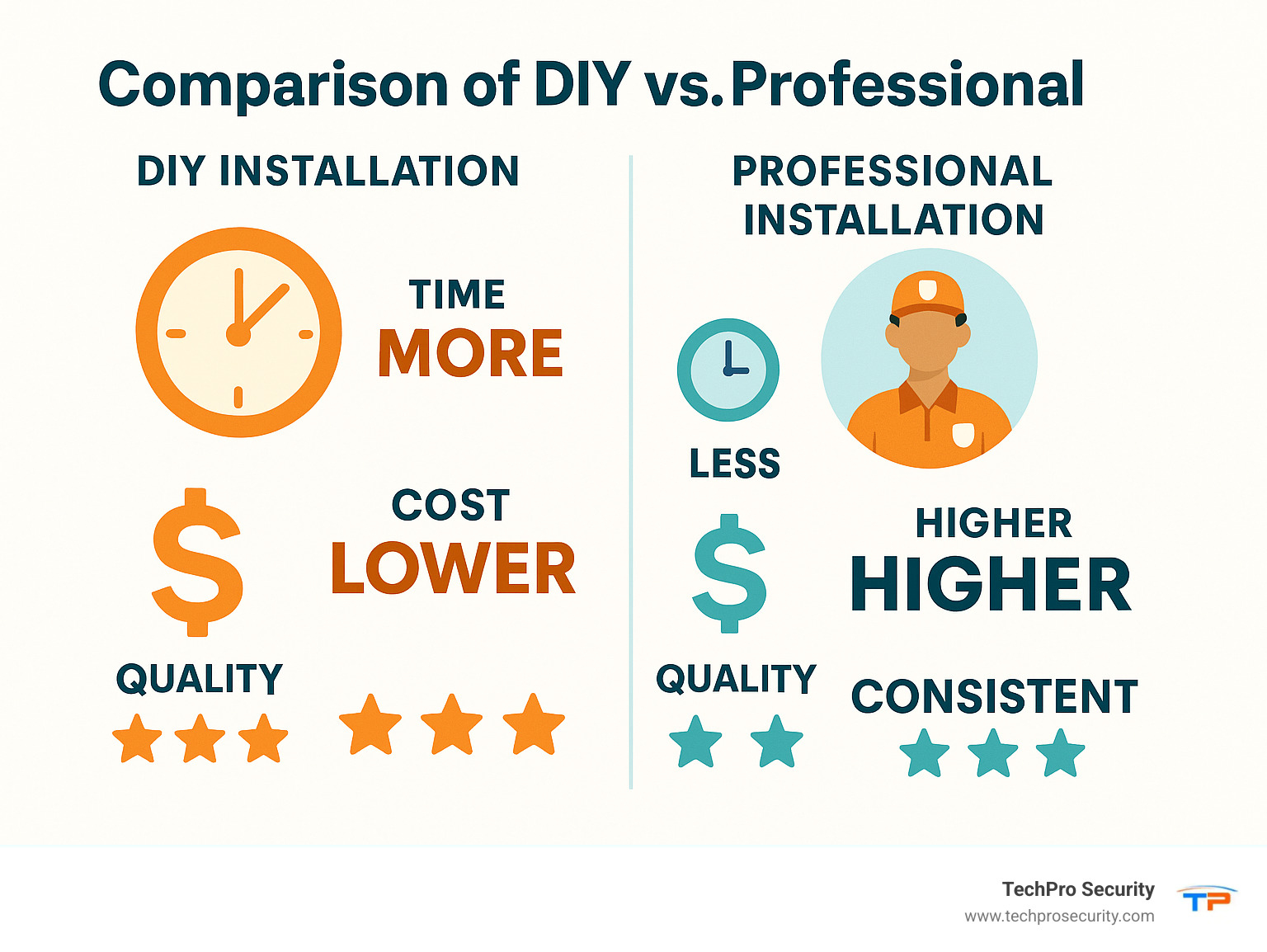 Comparison of DIY vs professional installation showing time, cost, and quality differences - install surveillance cameras infographic 