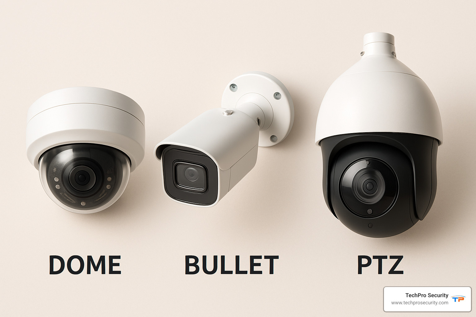 Various security camera types including dome, bullet, and PTZ models - install surveillance cameras