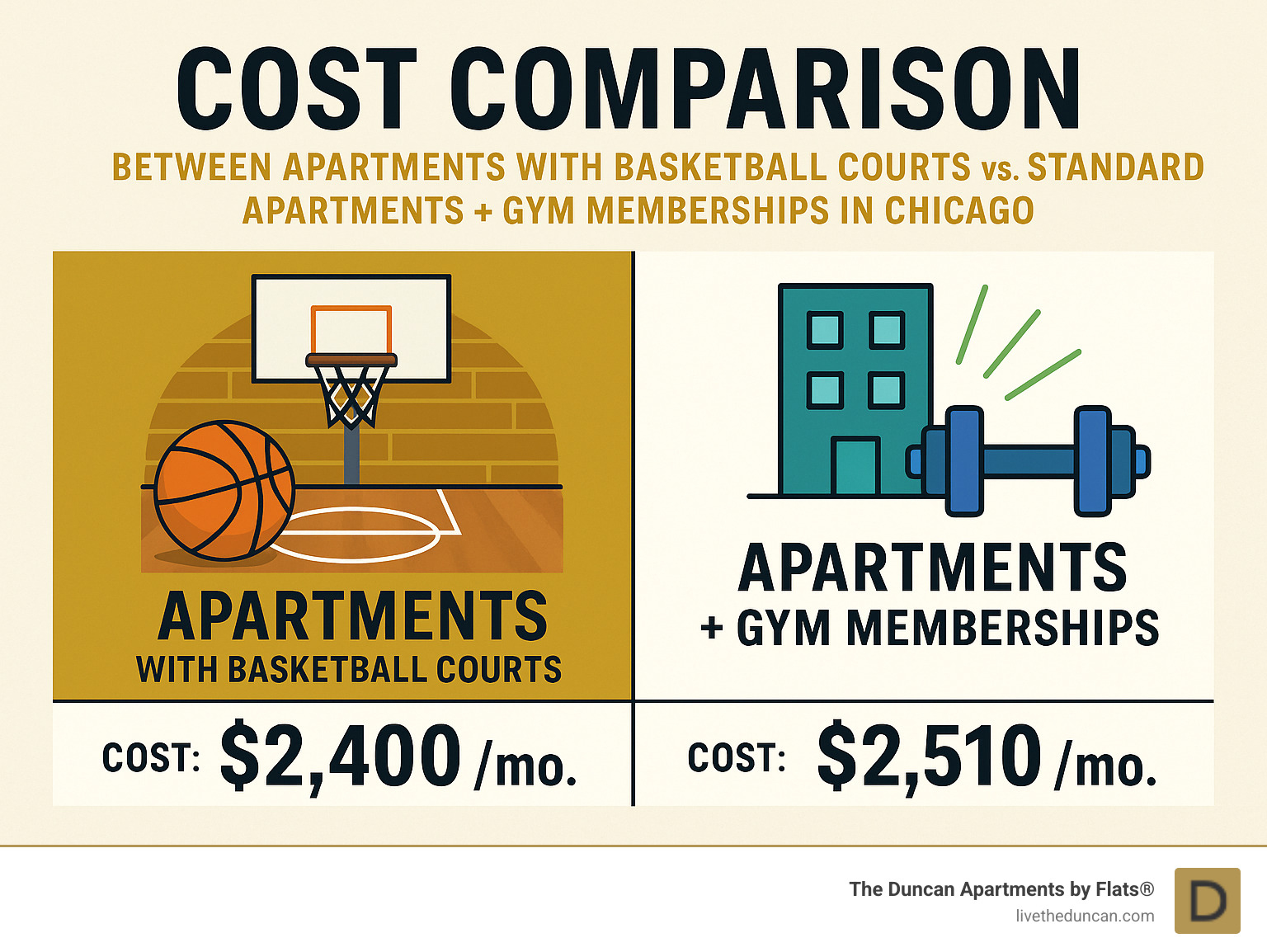 Infographic showing cost comparison between apartments with basketball courts vs. standard apartments plus gym memberships in Chicago - apartment with basketball court chicago infographic 