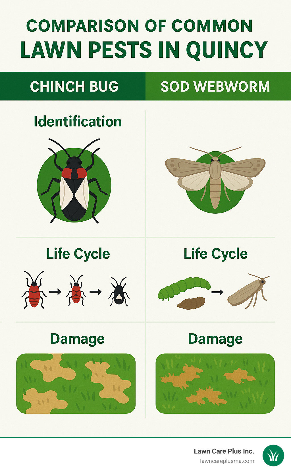 Comparison of common lawn pests in Quincy showing chinch bug and sod webworm identification, life cycles, and damage patterns - lawn service quincy ma infographic
