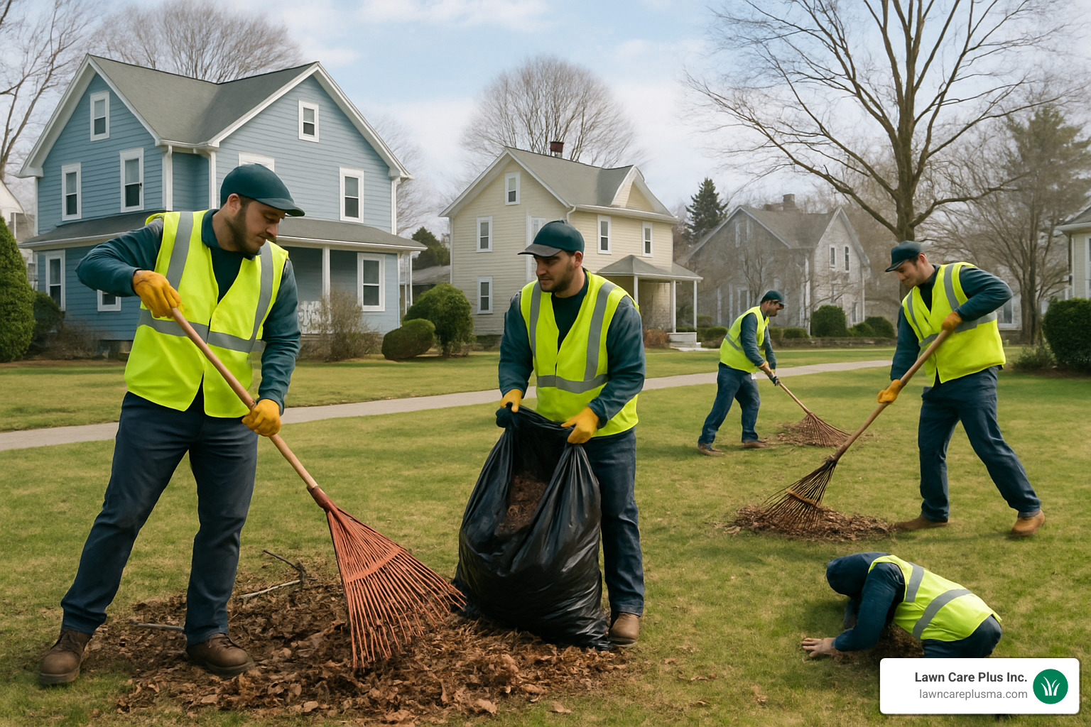 Spring cleanup crew removing winter debris from a Quincy lawn - lawn service quincy ma