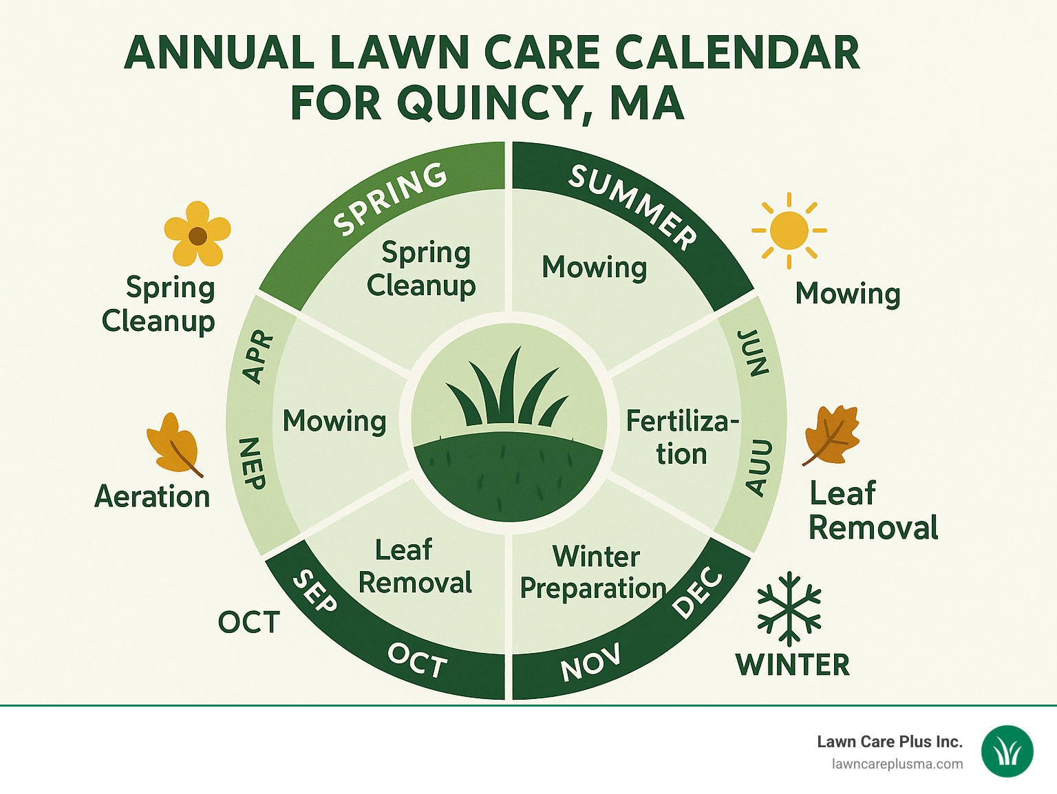 Annual lawn care calendar for Quincy MA showing seasonal services from spring cleanup through winter preparation, including optimal timing for mowing, fertilization, aeration, and leaf removal based on local climate patterns - lawn service quincy ma infographic