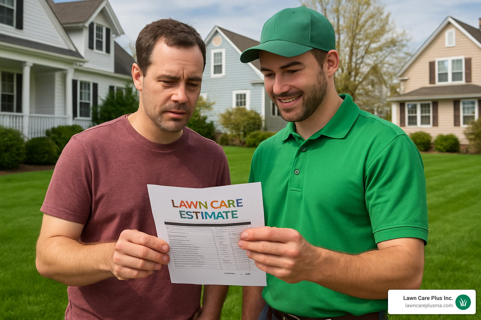 Homeowner reviewing a lawn care estimate with a service professional - lawn service quincy ma