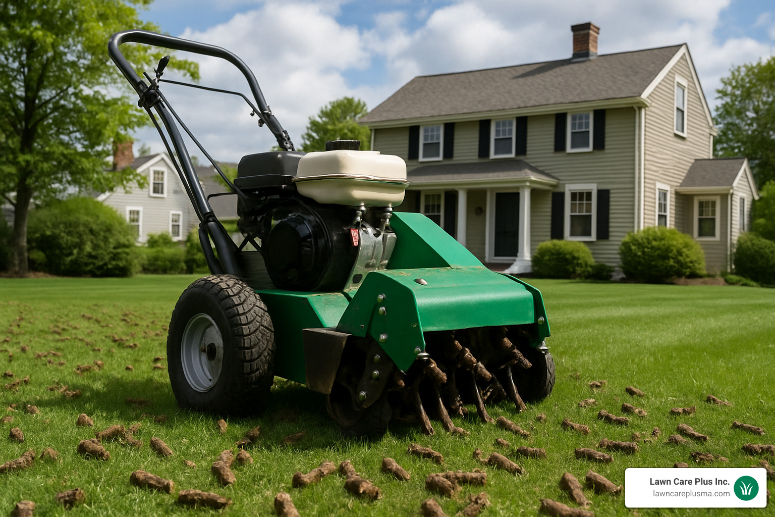 Core aerator in action on a Quincy lawn - lawn service quincy ma