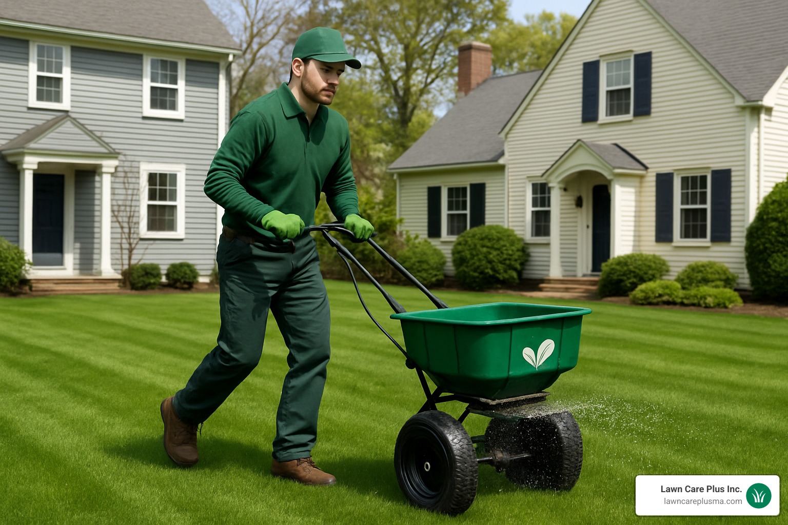 Organic fertilizer application on a Quincy residential lawn - lawn service quincy ma