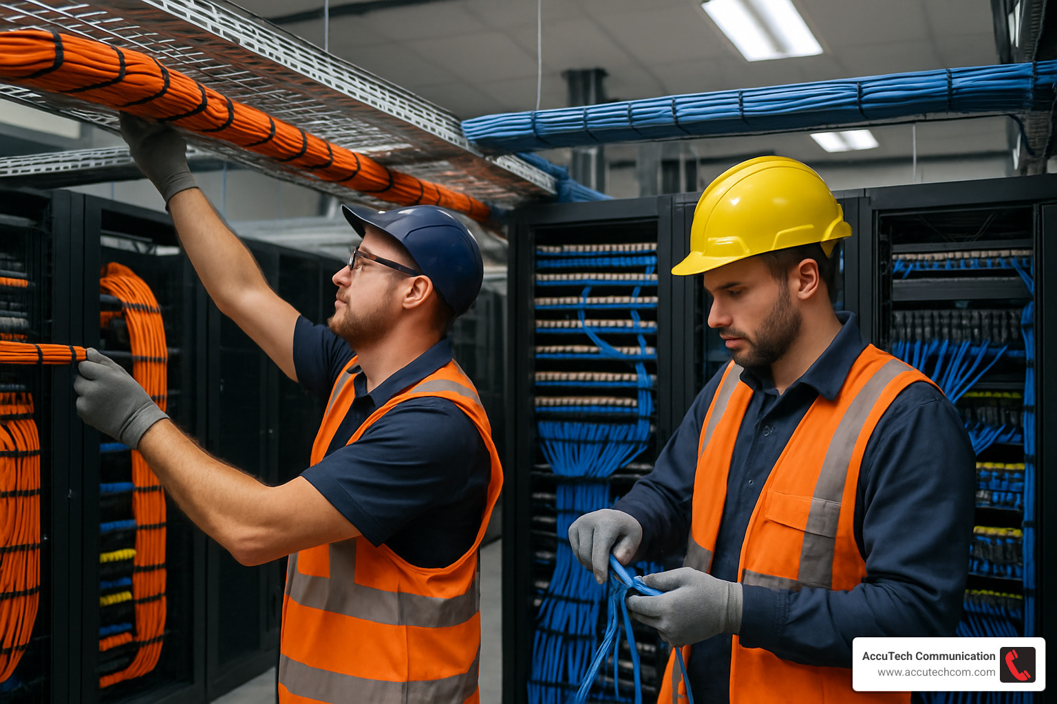 Professional technicians installing structured cabling in a server room - network cabling company