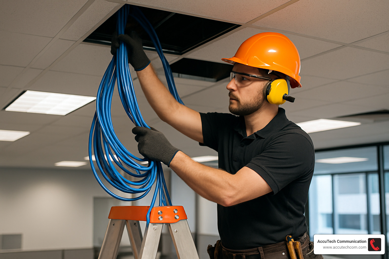 Technician installing network cabling in an office ceiling - network cabling company