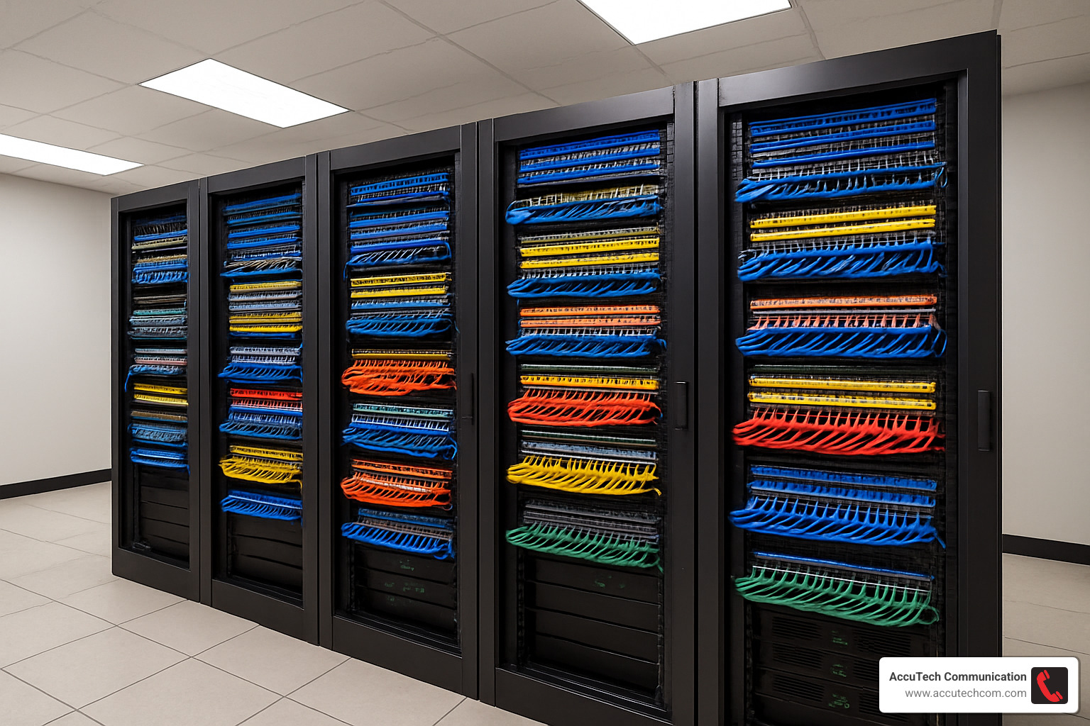 Network cabling infrastructure in a modern server room with neatly organized patch panels and cable management - network cabling company