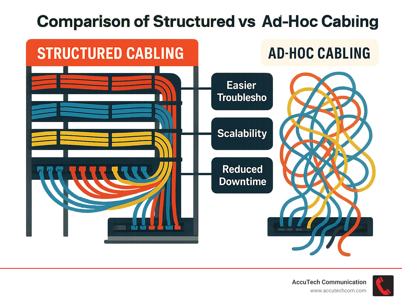 Comparison of structured vs. ad-hoc cabling showing organized cable management in structured cabling with color-coded cables in proper cable trays versus tangled, disorganized wiring in ad-hoc installations, with callouts highlighting benefits including easier troubleshooting, scalability, and reduced downtime for structured systems - network cabling near me infographic 
