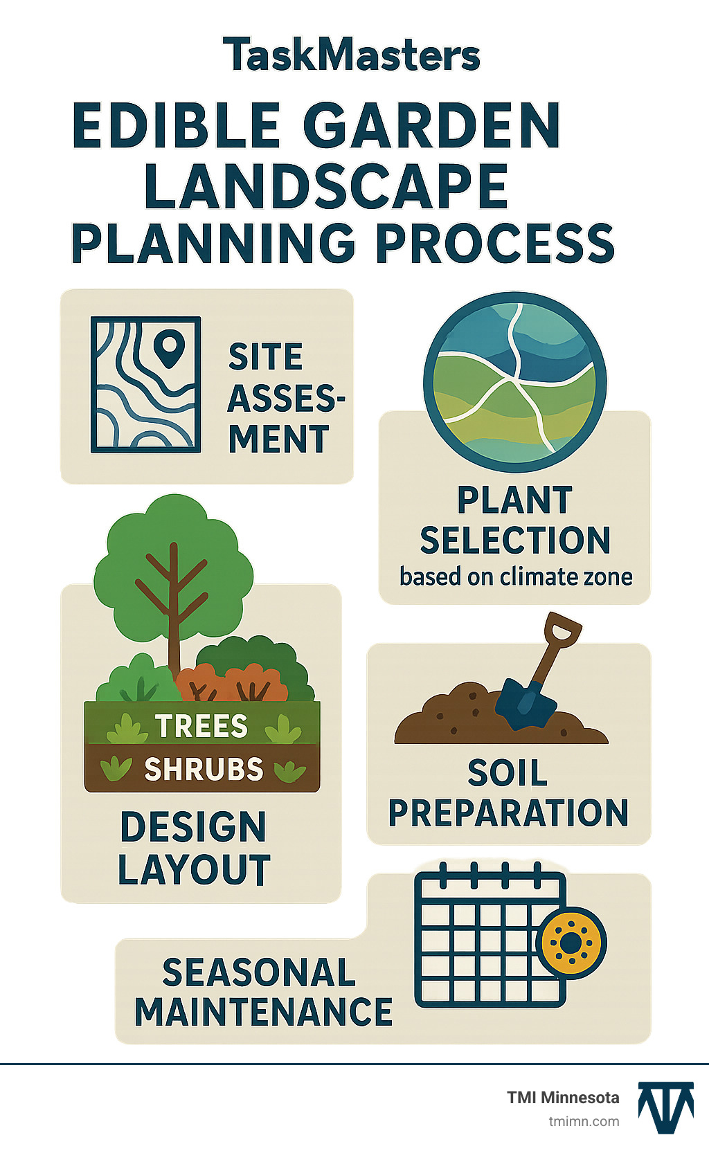 Edible garden landscape planning process showing site assessment, plant selection based on climate zone, design layout with three tiers (trees, shrubs, ground covers), soil preparation requirements, and seasonal maintenance calendar - Edible garden landscape ideas infographic 