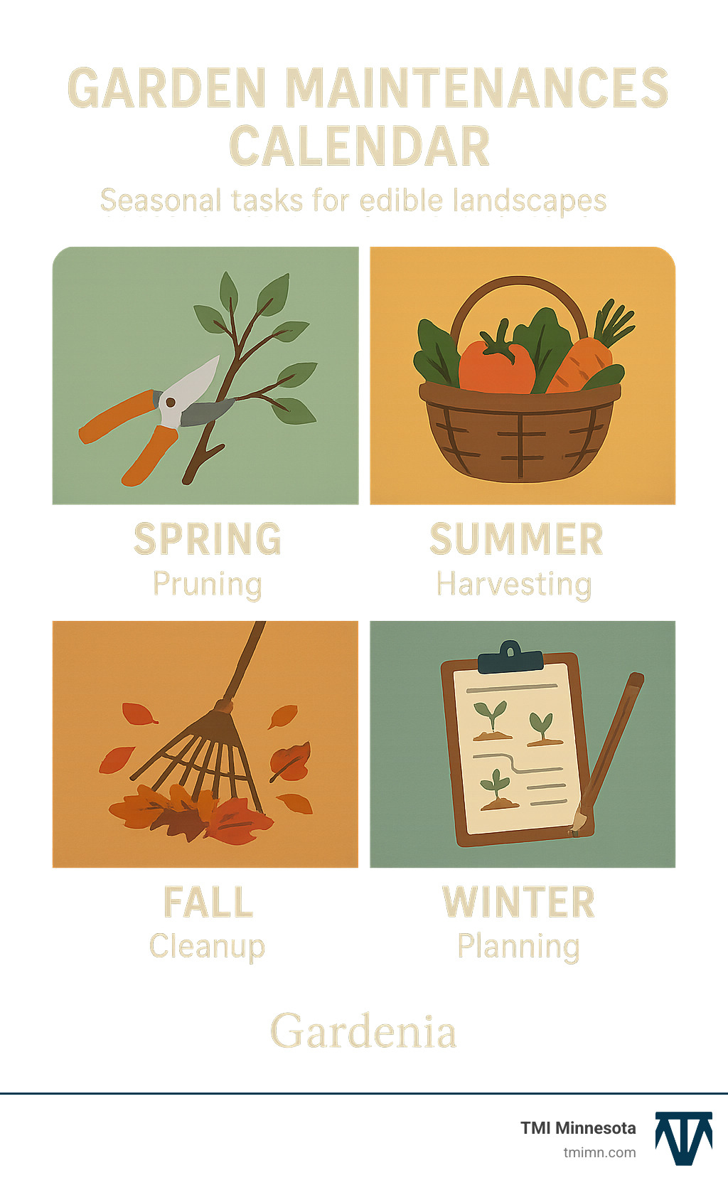 Garden maintenance calendar showing seasonal tasks for edible landscapes including spring pruning, summer harvesting, fall cleanup, and winter planning - Edible garden landscape ideas infographic 