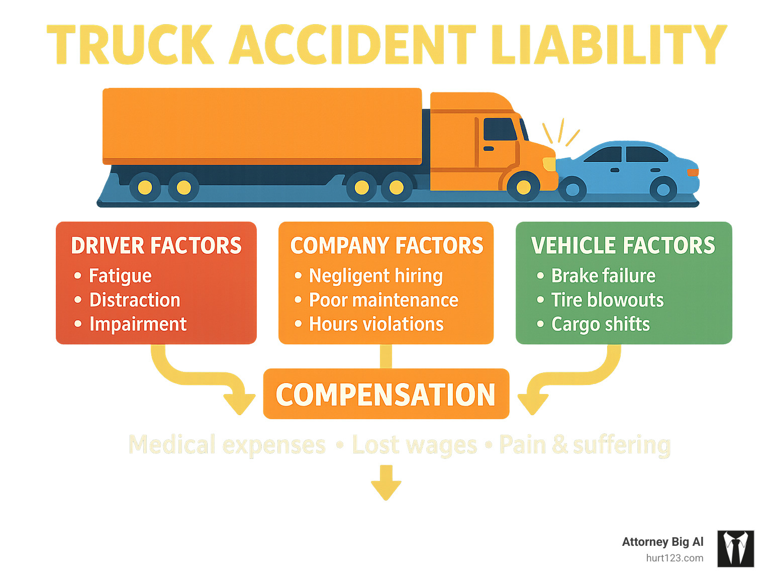 Infographic showing the complexity of truck accident liability, including driver factors (fatigue, distraction, impairment), company factors (negligent hiring, poor maintenance, hours violations), and vehicle factors (brake failure, tire blowouts, cargo shifts), with arrows connecting to potential compensation types - Truck accident attorney Florida infographic