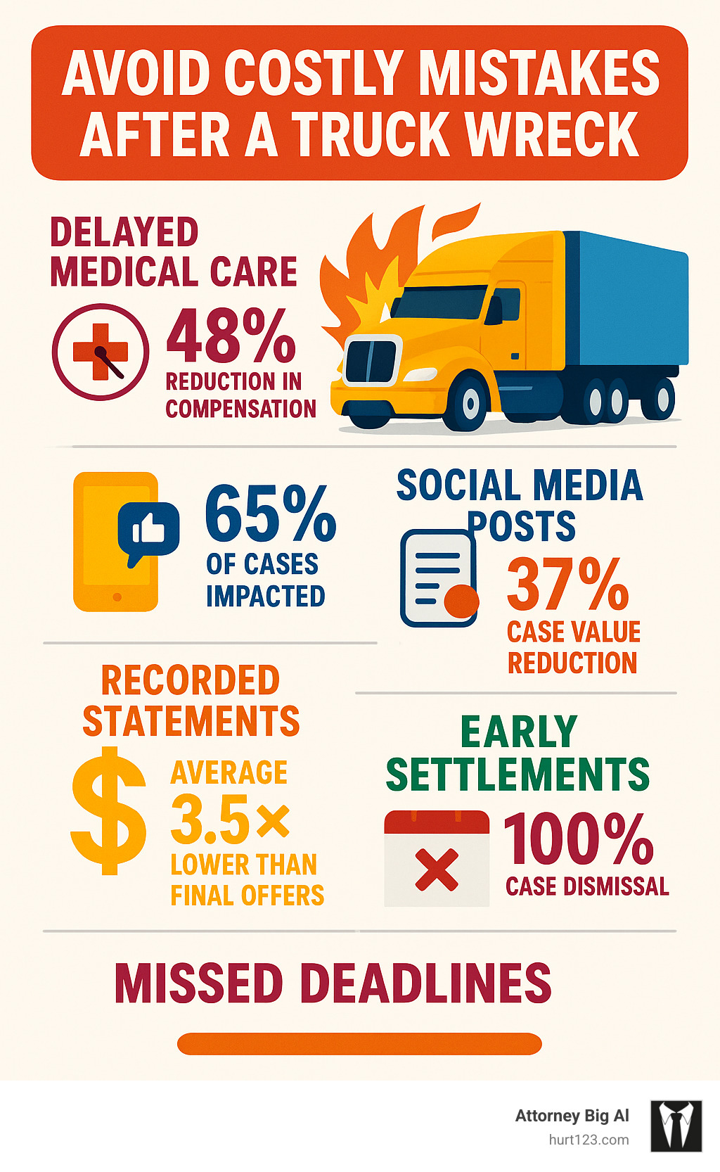 Infographic showing the common mistakes after truck accidents, including delayed medical care (48% reduction in compensation), social media posts (65% of cases impacted), recorded statements (37% case value reduction), early settlements (average 3.5x lower than final offers), and missed deadlines (100% case dismissal) - Truck accident attorney Florida infographic