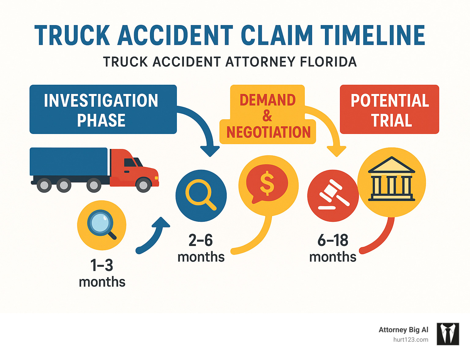 Infographic showing the truck accident claim timeline, including investigation phase (1-3 months), demand and negotiation (2-6 months), litigation if necessary (6-18 months), and potential trial (18-24+ months) - Truck accident attorney Florida infographic