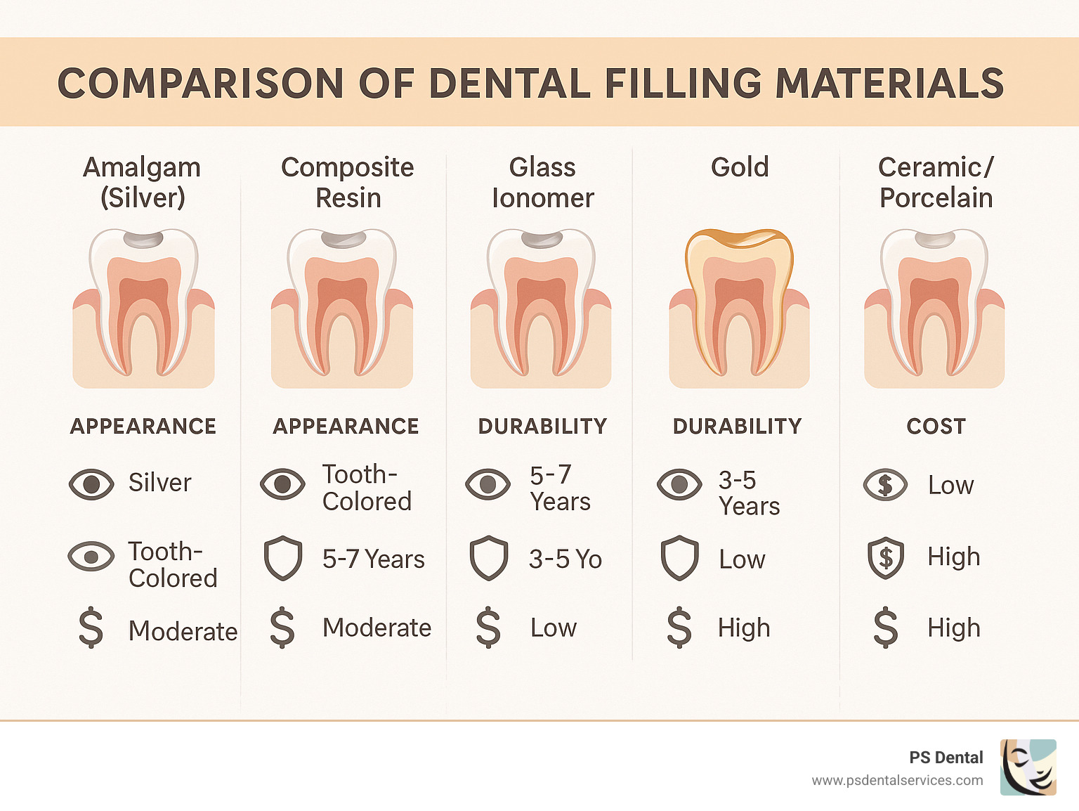 Comparison of dental filling materials showing appearance, durability, and cost factors - cavity filling procedure infographic 