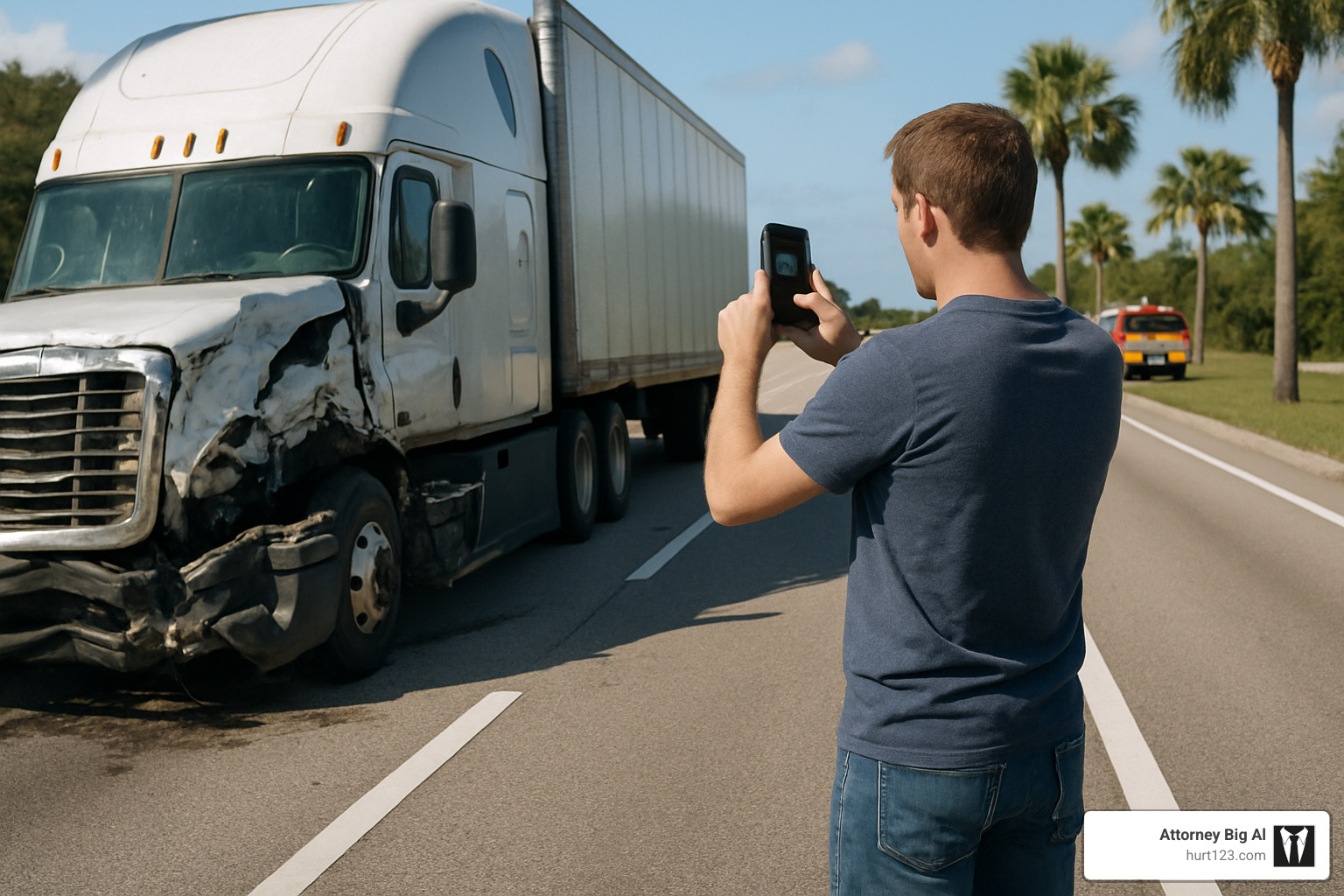 person documenting truck accident scene with smartphone - Truck accident attorney Florida