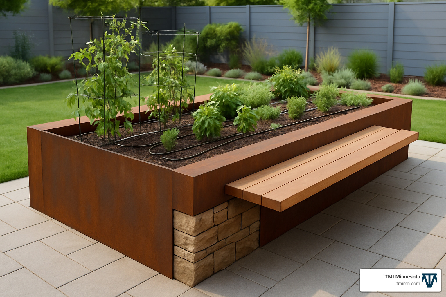 modern raised beds with integrated seating and drip irrigation - Edible garden landscape ideas