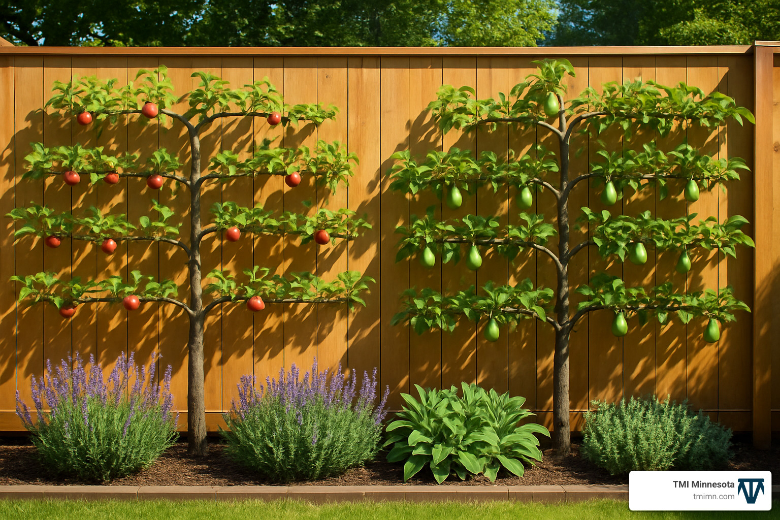 espalier fruit trees trained against a fence with herb border below - Edible garden landscape ideas