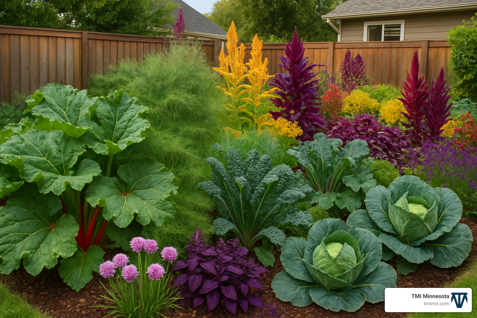 edible garden with contrasting foliage textures and colors - Edible garden landscape ideas