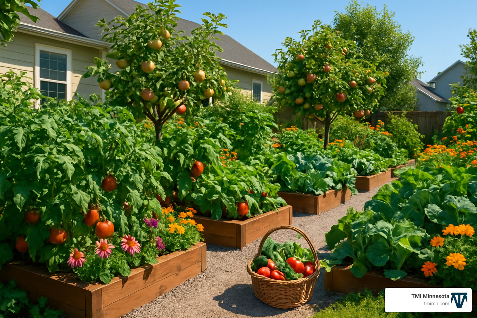 thriving summer edible landscape with abundant harvest - Edible garden landscape ideas