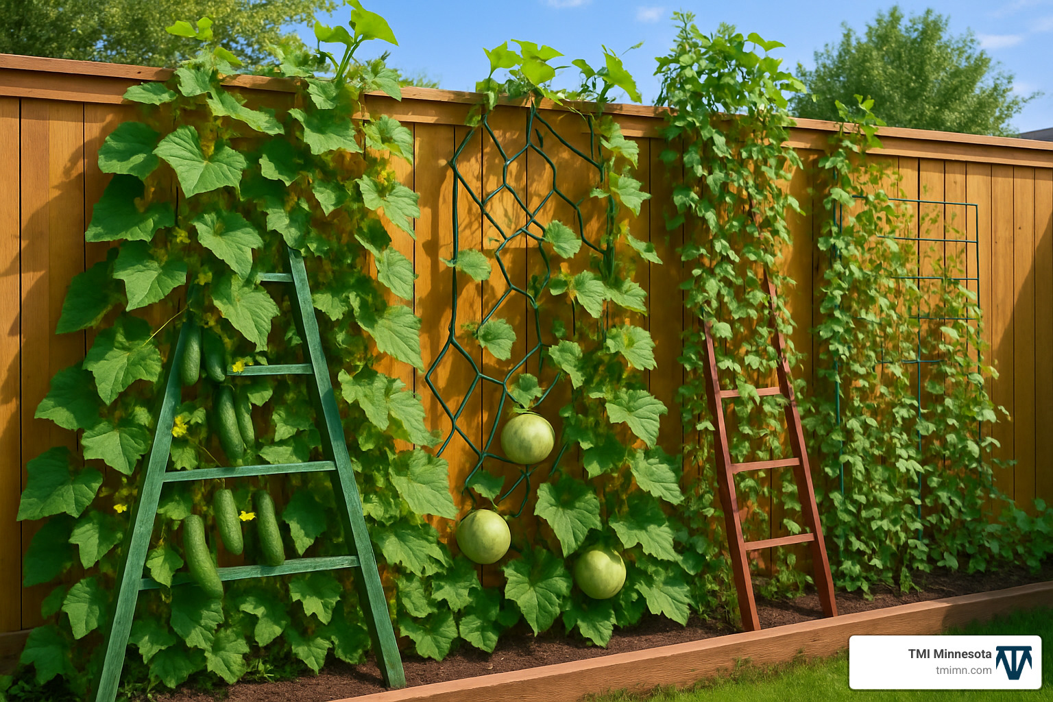 vertical garden with trellised vegetables and fruits - Edible garden landscape ideas