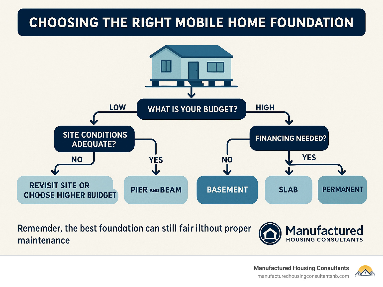 Decision flowchart for selecting the right mobile home foundation based on budget, site conditions, financing needs, and long-term plans - mobile home foundation infographic 
