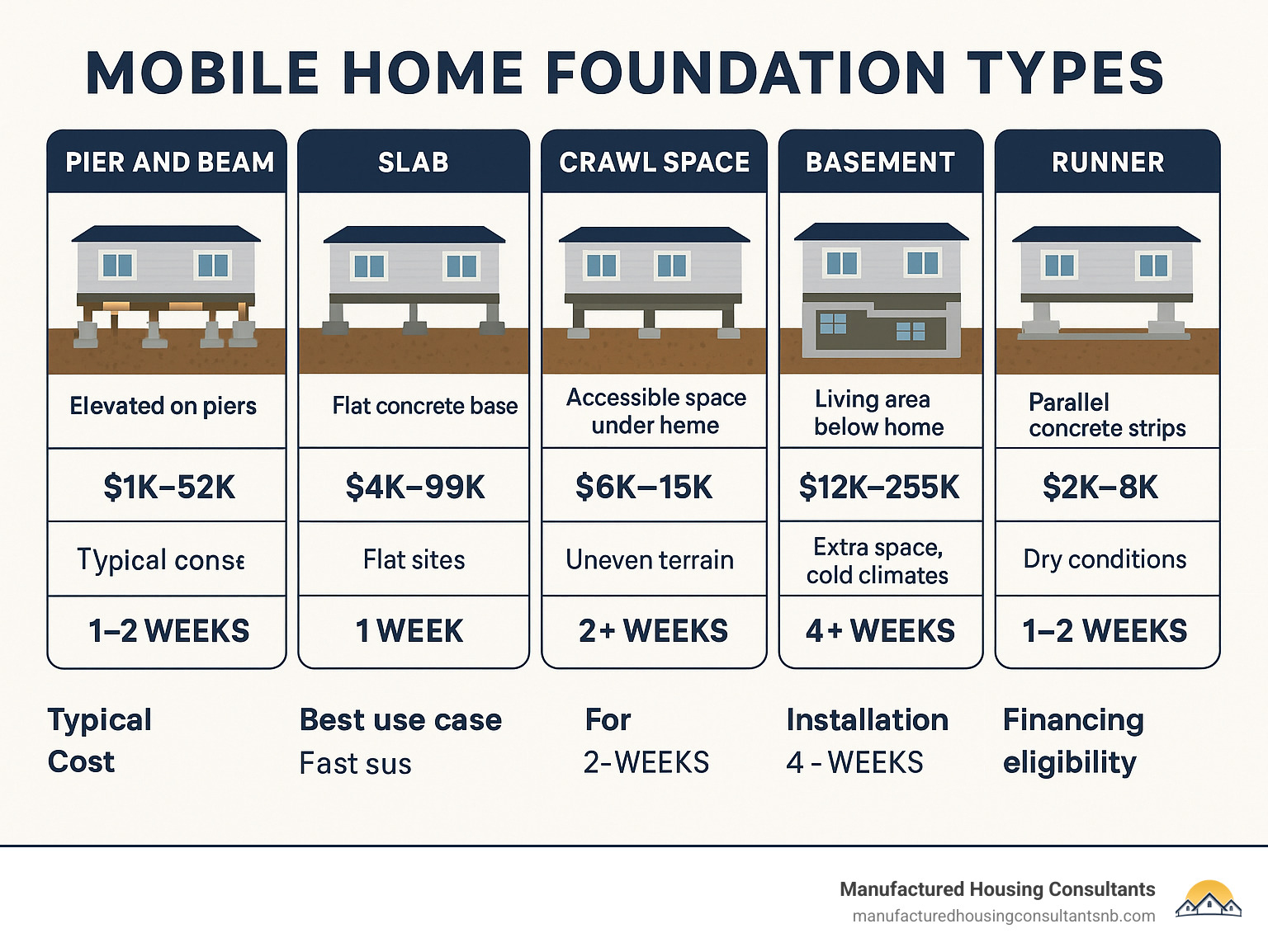 Detailed infographic showing the five main mobile home foundation types (pier and beam, slab, crawl space, basement, and runner) with visual cross-sections, key features, typical cost ranges, best use cases, installation timeline, and financing eligibility for each type - mobile home foundation infographic 