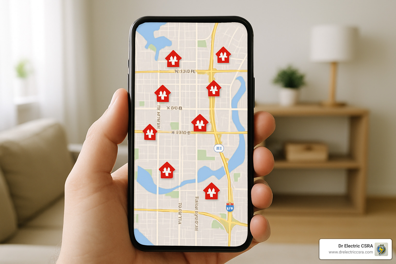 Smartphone showing map with electrical contractor locations - electrical contractors near me residential