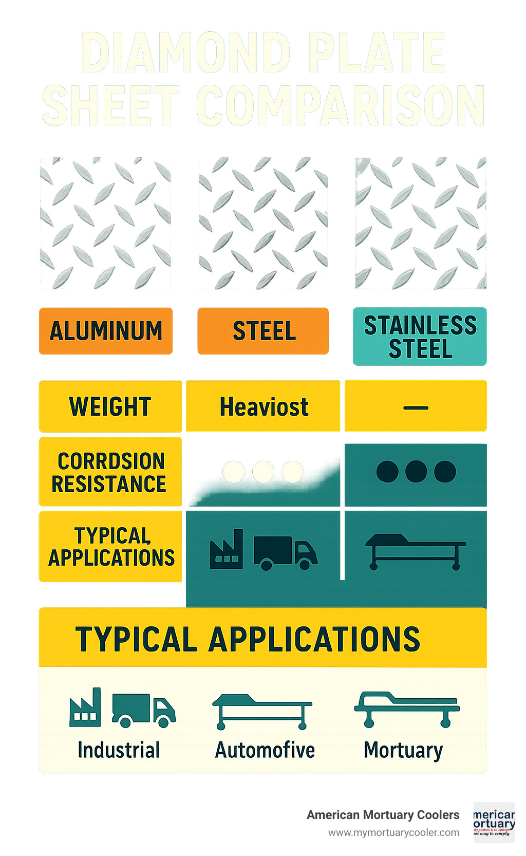 Diamond plate sheet comparison showing aluminum, steel and stainless steel options with their relative weights, corrosion resistance ratings, and typical applications in industrial, automotive, and mortuary settings - dimond plate sheets infographic 
