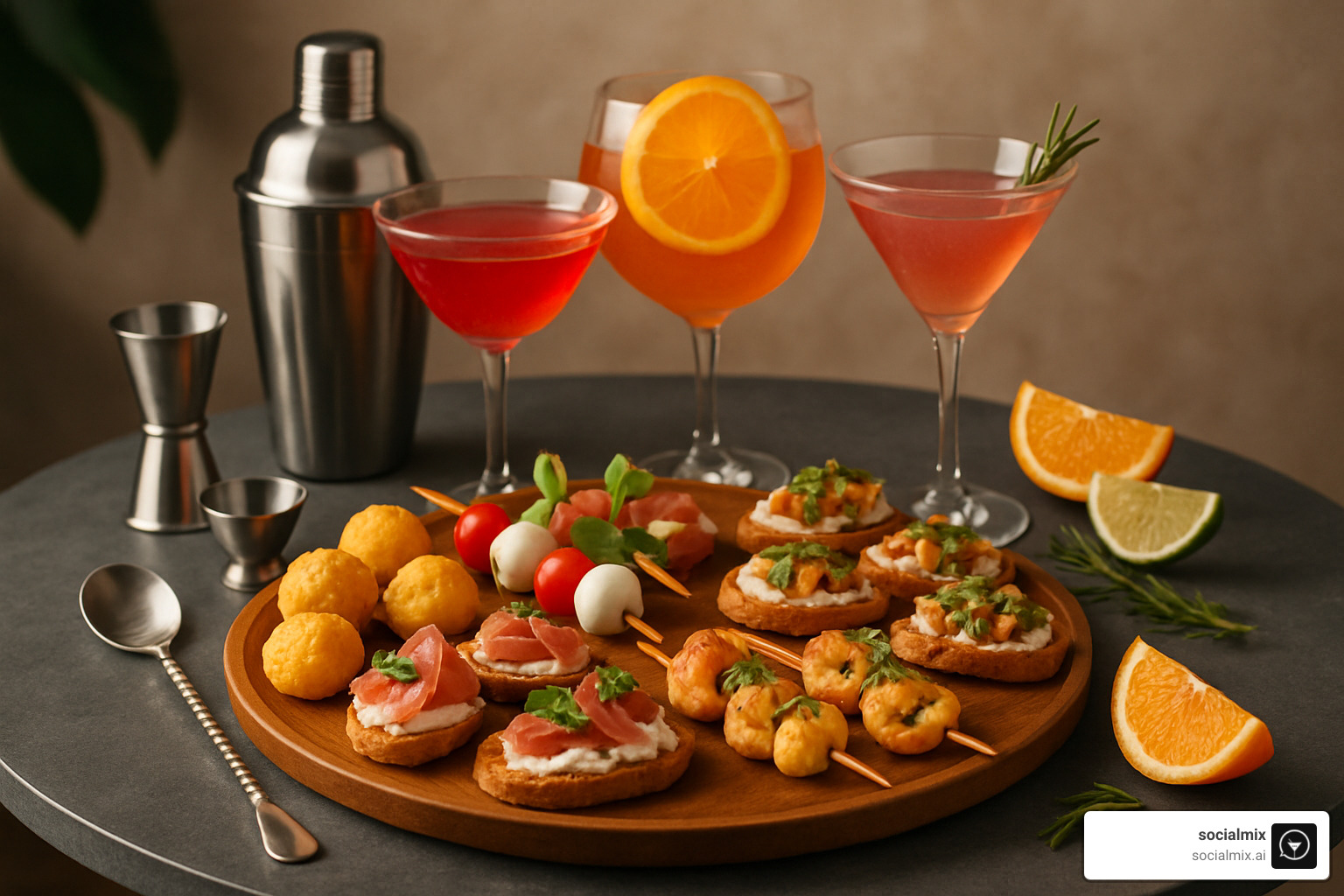 cocktail-themed appetizer board with bar tools - appetizers