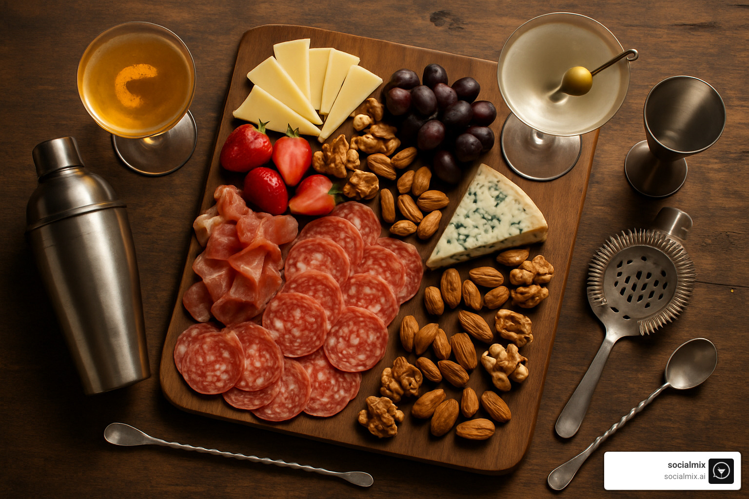 cocktail tools with charcuterie board components - appetizers