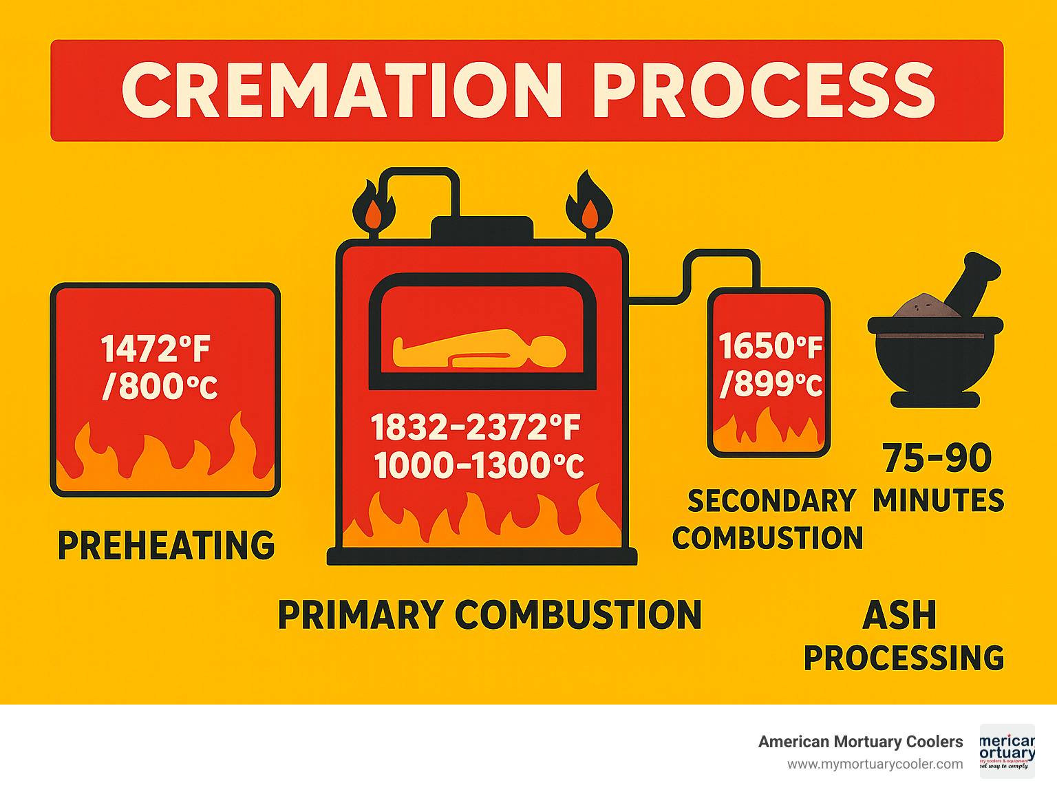 Cremation process showing heating stages, combustion chambers, and ash processing steps with temperature ranges and time requirements - cremation ovens infographic 