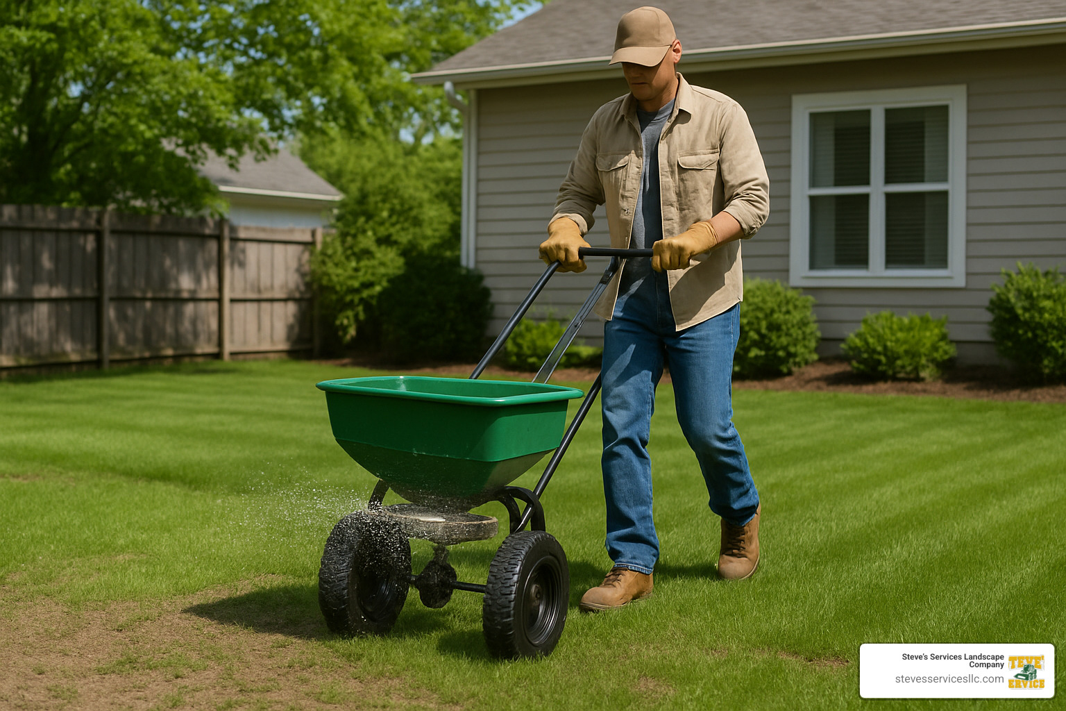 person using broadcast spreader on new lawn - How to fertilize new sod