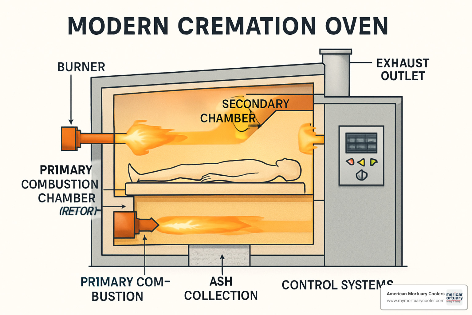 cross-section of cremation chamber showing internal components - cremation ovens