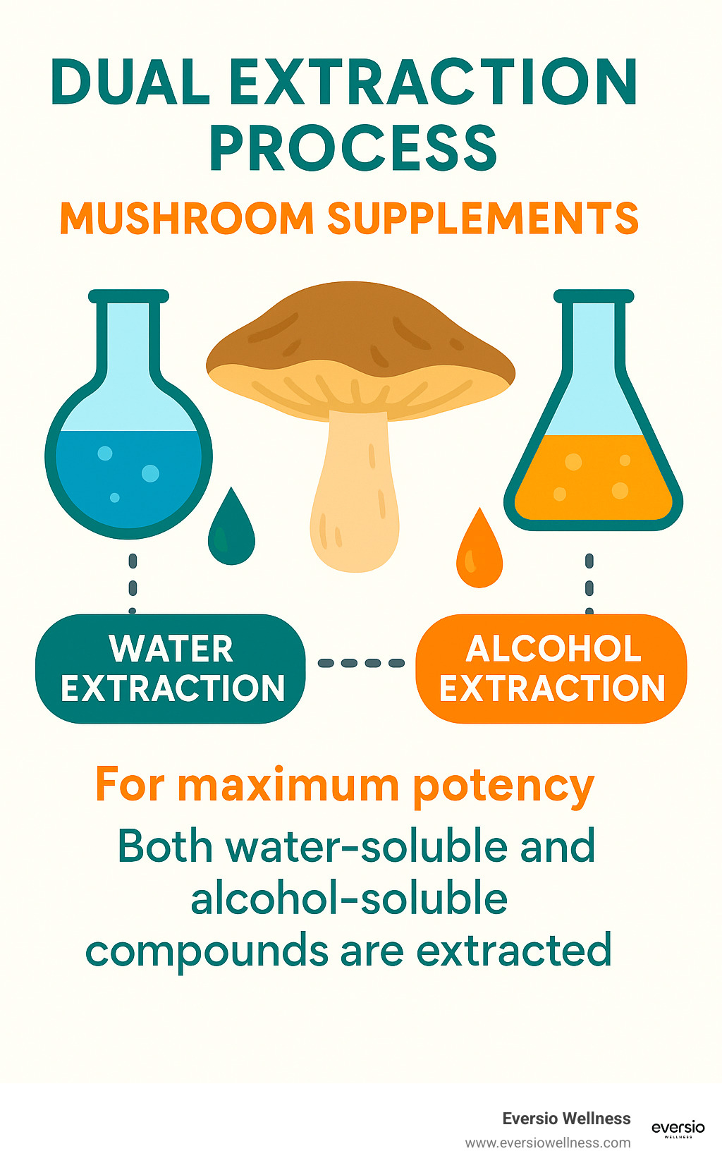 Dual extraction process for mushroom supplements showing how both water-soluble and alcohol-soluble compounds are extracted for maximum potency - mushroom supplements for lungs infographic 