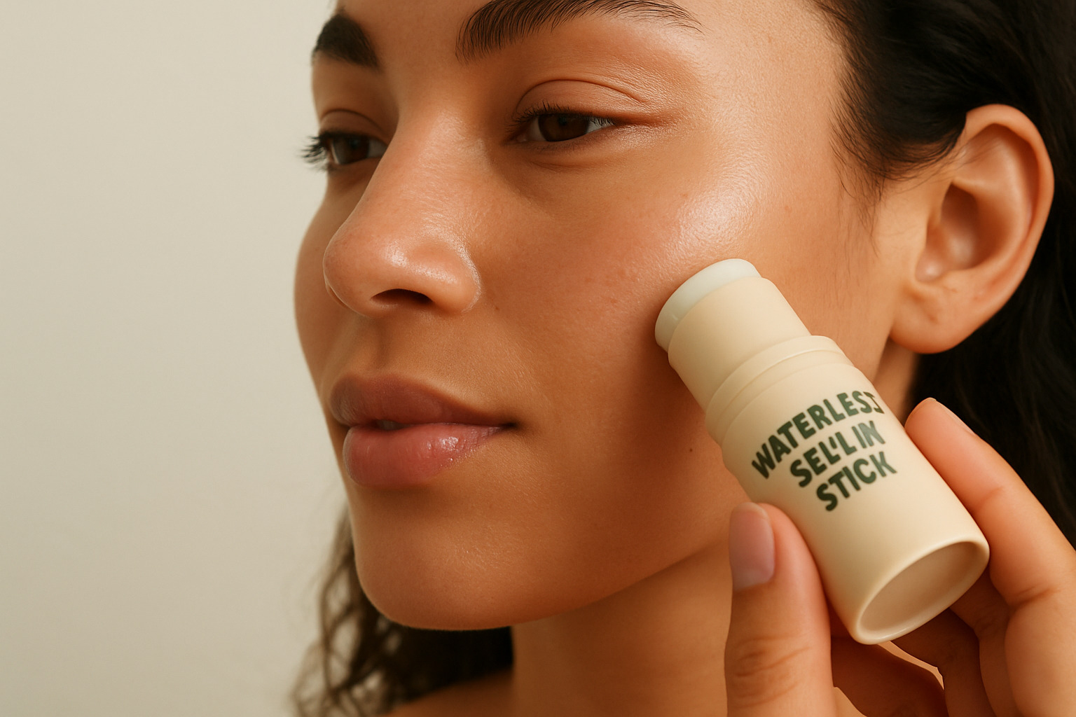 Waterless serum stick being applied to skin - eco friendly vegan skincare