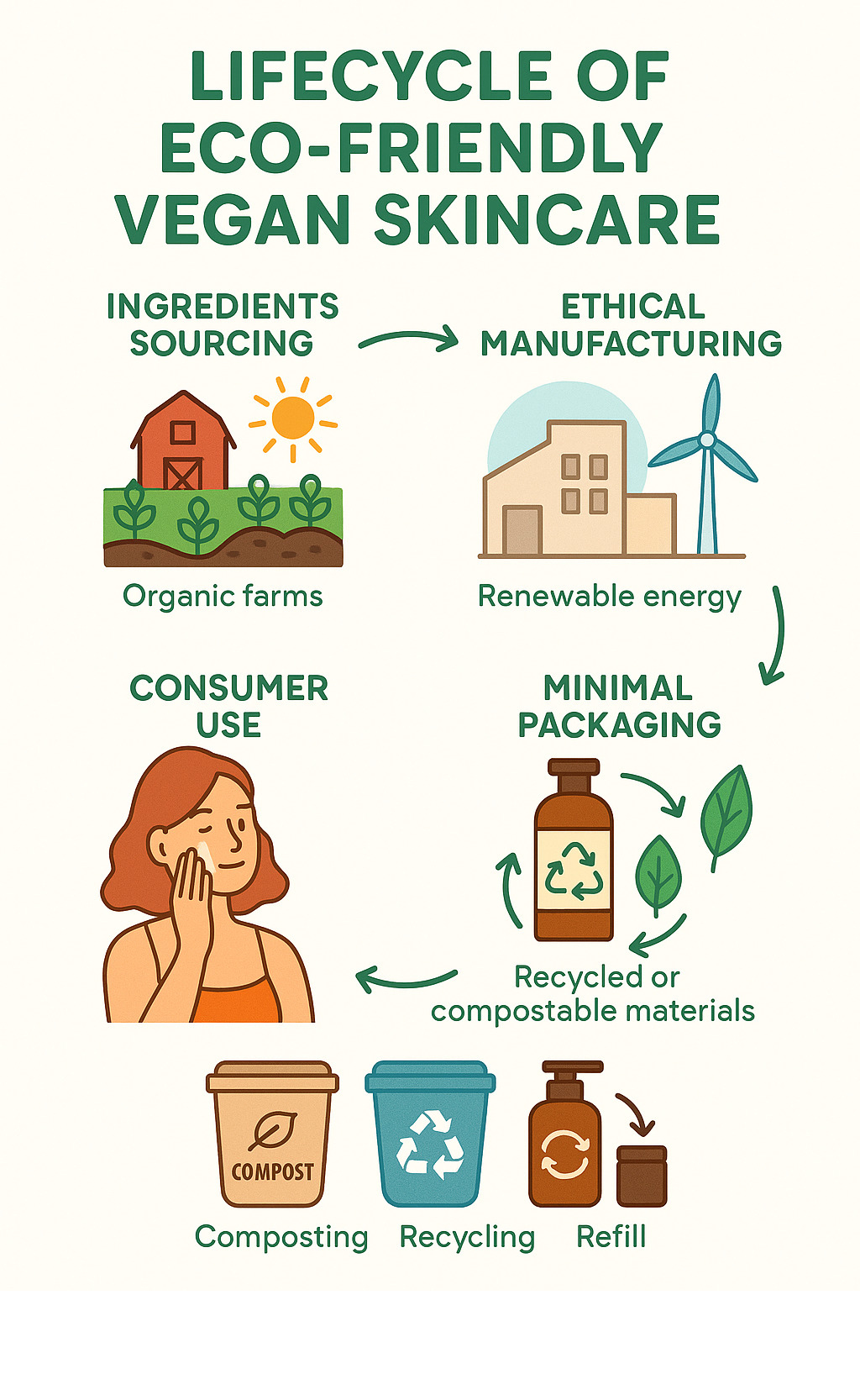 Lifecycle of eco-friendly vegan skincare showing ingredients sourcing from organic farms, ethical manufacturing with renewable energy, minimal packaging using recycled or compostable materials, consumer use phase, and end-of-life options including composting, recycling, and refill programs - eco friendly vegan skincare infographic 